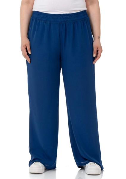 Büyük Beden Beli Lastikli Astarlı Bol Paça Şifon Lacivert Pantolon