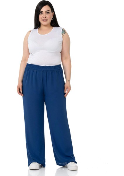 Büyük Beden Beli Lastikli Astarlı Bol Paça Şifon Lacivert Pantolon fiyatları