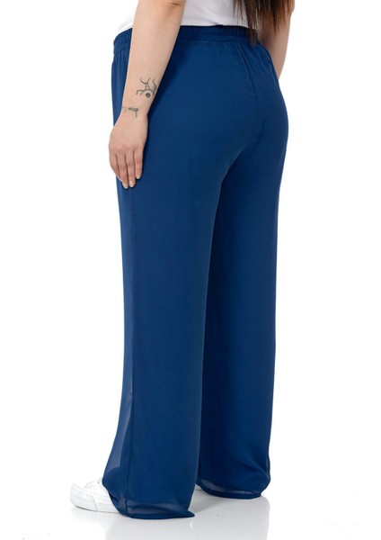 Büyük Beden Beli Lastikli Astarlı Bol Paça Şifon Lacivert Pantolon modelleri