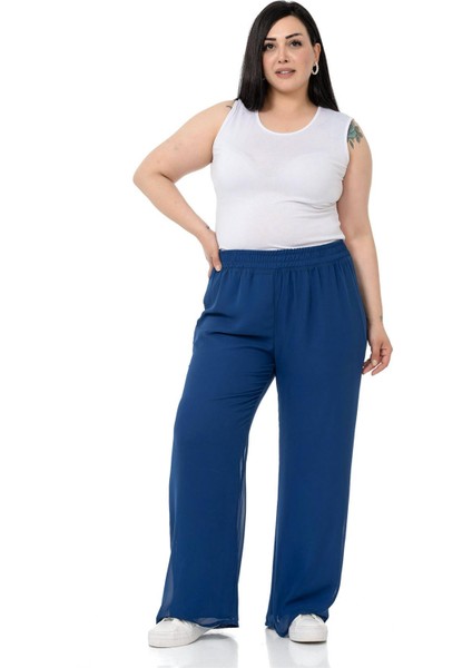 Büyük Beden Beli Lastikli Astarlı Bol Paça Şifon Lacivert Pantolon fırsatları