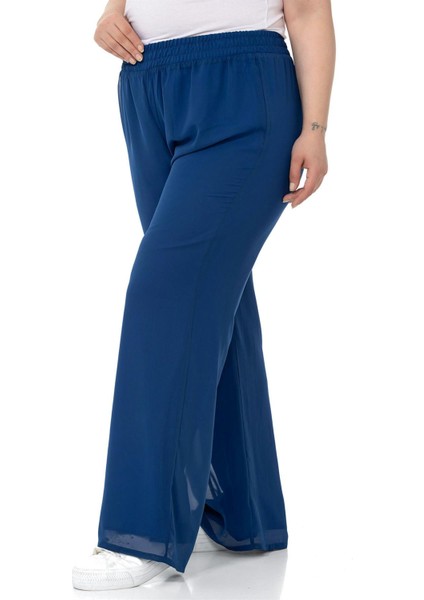 Büyük Beden Beli Lastikli Astarlı Bol Paça Şifon Lacivert Pantolon indirimleri