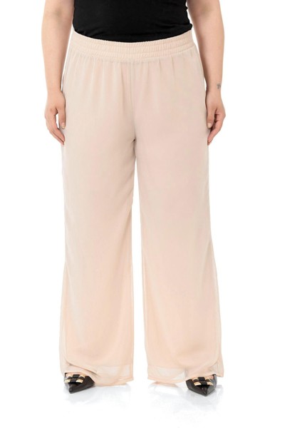 Büyük Beden Beli Lastikli Astarlı Bol Paça Şifon Bej Pantolon