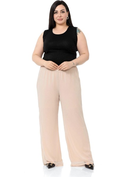 Büyük Beden Beli Lastikli Astarlı Bol Paça Şifon Bej Pantolon fiyatları