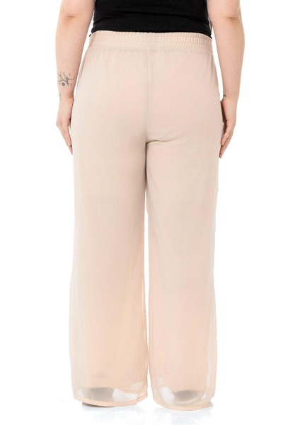 Büyük Beden Beli Lastikli Astarlı Bol Paça Şifon Bej Pantolon modelleri