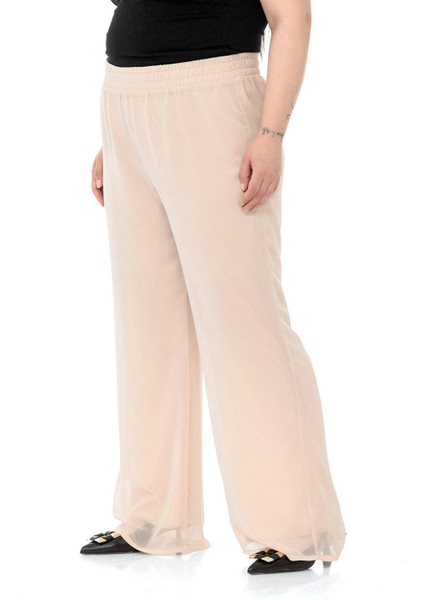 Büyük Beden Beli Lastikli Astarlı Bol Paça Şifon Bej Pantolon indirimleri