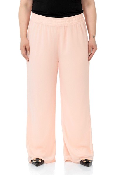 Büyük Beden Beli Lastikli Astarlı Bol Paça Şifon Pudra Pantolon