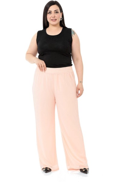 Büyük Beden Beli Lastikli Astarlı Bol Paça Şifon Pudra Pantolon fiyatları