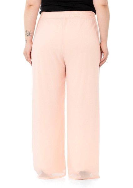 Büyük Beden Beli Lastikli Astarlı Bol Paça Şifon Pudra Pantolon modelleri