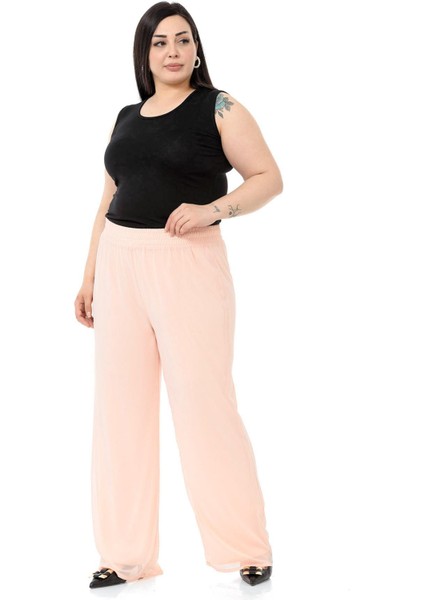 Büyük Beden Beli Lastikli Astarlı Bol Paça Şifon Pudra Pantolon fırsatları