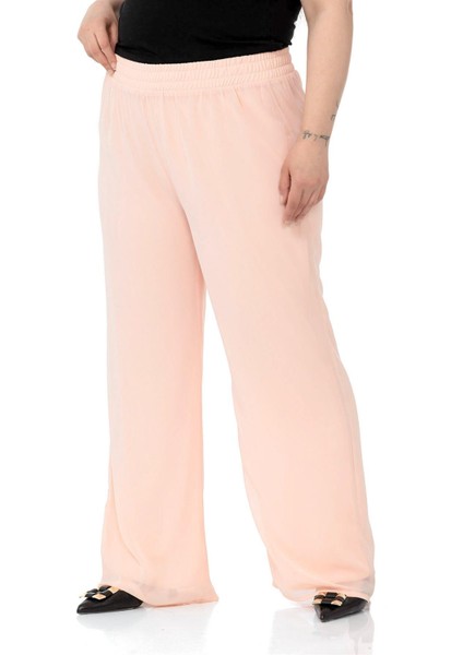 Büyük Beden Beli Lastikli Astarlı Bol Paça Şifon Pudra Pantolon indirimleri