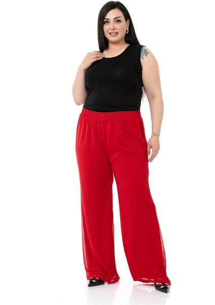 Büyük Beden Beli Lastikli Astarlı Bol Paça Şifon Kırmızı Pantolon fiyatları