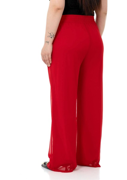 Büyük Beden Beli Lastikli Astarlı Bol Paça Şifon Kırmızı Pantolon modelleri