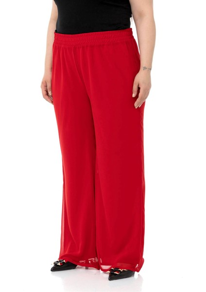 Büyük Beden Beli Lastikli Astarlı Bol Paça Şifon Kırmızı Pantolon fırsatları