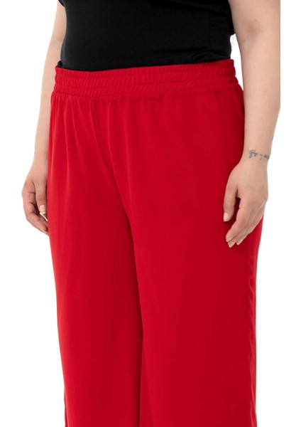 Büyük Beden Beli Lastikli Astarlı Bol Paça Şifon Kırmızı Pantolon indirimleri
