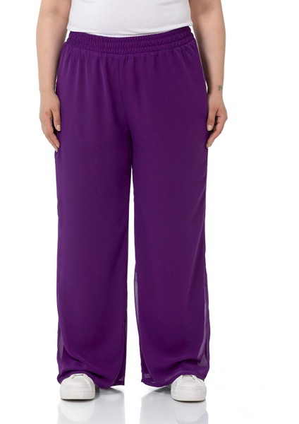 Büyük Beden Beli Lastikli Astarlı Bol Paça Şifon Mor Pantolon