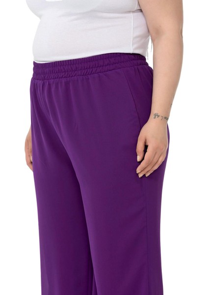 Büyük Beden Beli Lastikli Astarlı Bol Paça Şifon Mor Pantolon indirimleri
