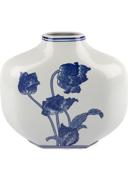 Mavi Çiçekli Beyaz Seramik Vazo 32X10X32CM