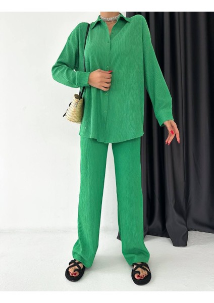 Kadın Beli Lastikli Bürümcük Kumaş Pantolon Gömlek 2li Takım