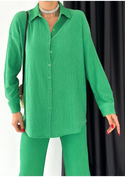 Kadın Beli Lastikli Bürümcük Kumaş Pantolon Gömlek 2li Takım modelleri