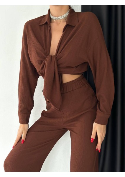 Kadın Beli Lastikli Bürümcük Kumaş Pantolon Gömlek 2li Takım fiyatları