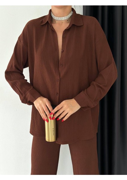 Kadın Beli Lastikli Bürümcük Kumaş Pantolon Gömlek 2li Takım modelleri