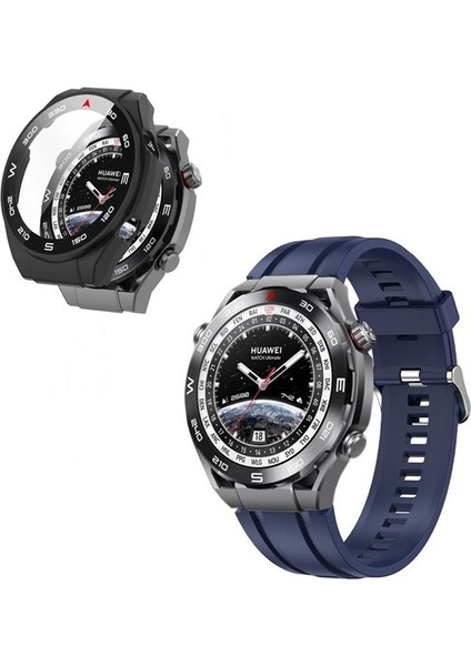 Huawei Watch Ultimate Kordon Kayış Soft Silikon Lacivert + Ekran Koruyucu Kasa Siyah