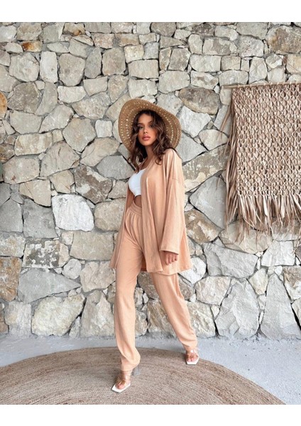 Kadın Beli Lastikli Bürümcük Kumaş Pantolon Kimono 2li Takım Set