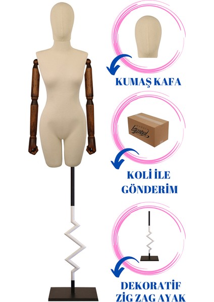 Lüks Zikzak Ayaklı Pantolon Giyebilen 40 Beden Ahşap Kollu Terzi Mankeni Vitrin Mankeni