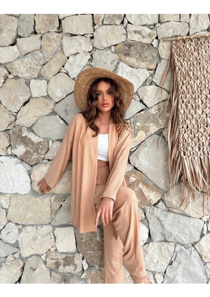 Kadın Beli Lastikli Bürümcük Kumaş Pantolon Kimono 2li Takım Set