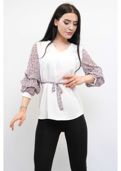 Büzgülü Şifon Kol Bluz Ekru modelleri