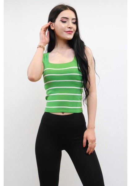 Kare Yaka Çizgili Triko Bluz Yeşil