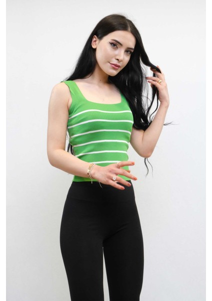Kare Yaka Çizgili Triko Bluz Yeşil fiyatları