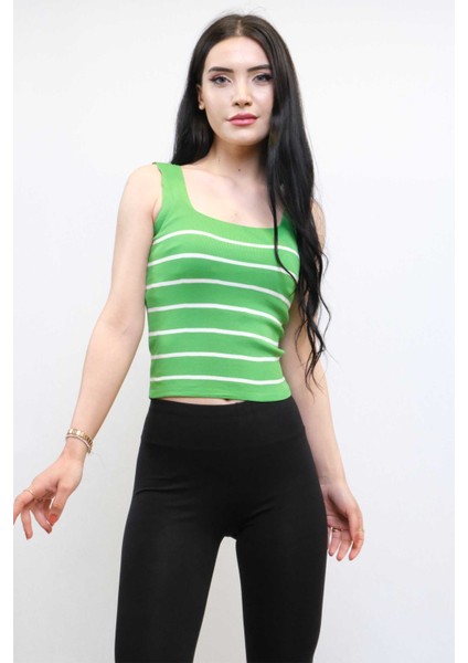 Kare Yaka Çizgili Triko Bluz Yeşil modelleri