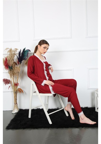 Kadın 3'lü Bordo Sabahlık Takım 16108 fiyatları