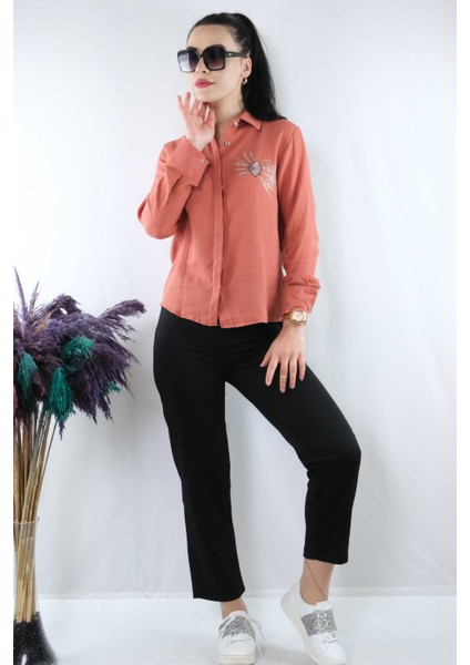 Taşlı Keten Gömlek MC2301 Mercan