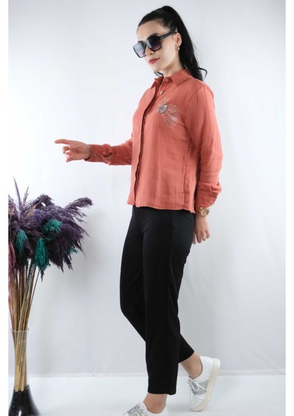 Taşlı Keten Gömlek MC2301 Mercan indirimleri