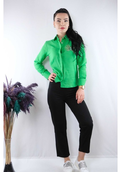 Taşlı Keten Gömlek MC2301 Yeşil fiyatları