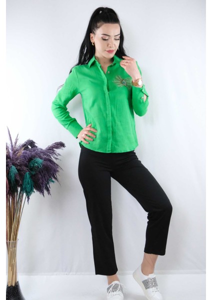 Taşlı Keten Gömlek MC2301 Yeşil fırsatları