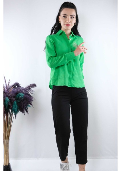 Taşlı Keten Gömlek MC2301 Yeşil indirimleri