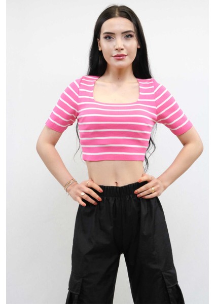 Triko Crop Çizgili Pembe fiyatları