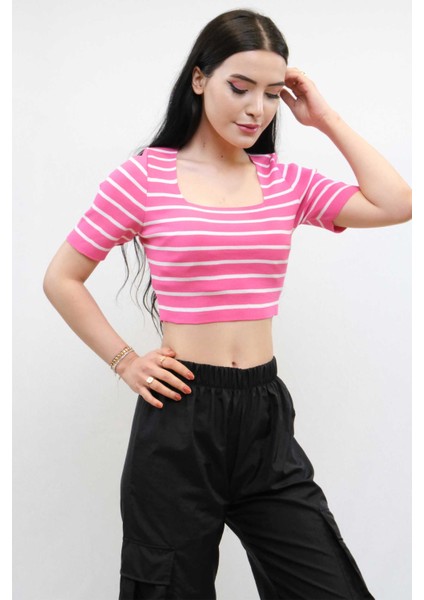 Triko Crop Çizgili Pembe modelleri