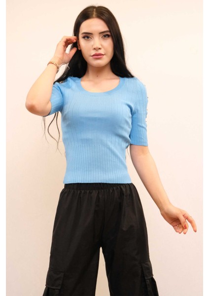 Kolları Taşlı Triko Bluz Mavi