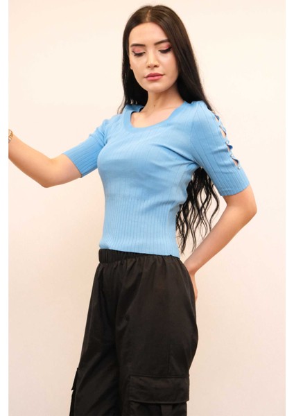 Kolları Taşlı Triko Bluz Mavi modelleri