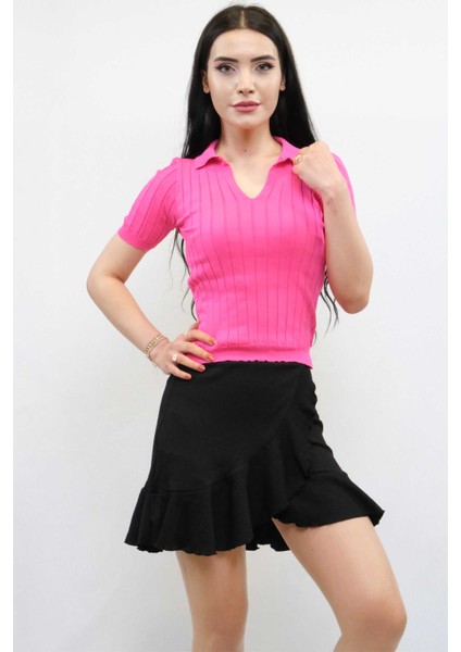 Gömlek Yaka Triko Bluz Fuşya