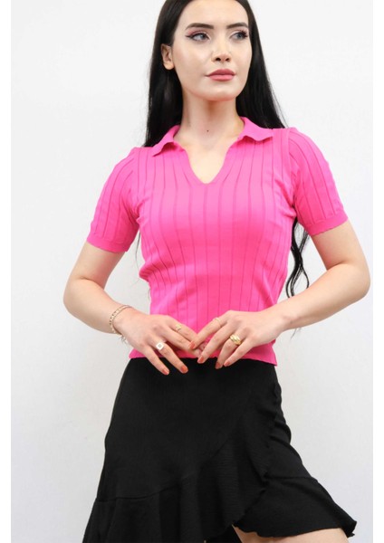 Gömlek Yaka Triko Bluz Fuşya modelleri
