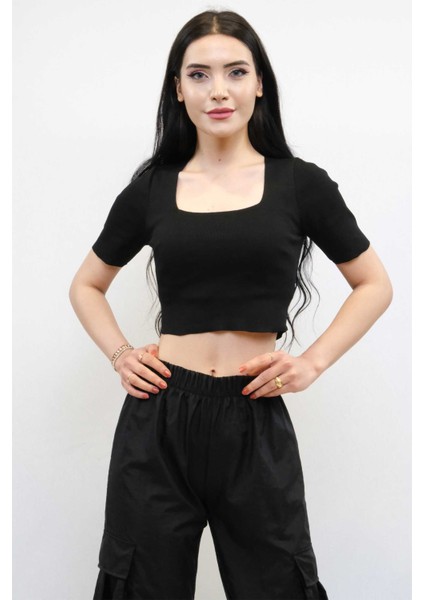 Kare Yaka Triko Crop Siyah fiyatları