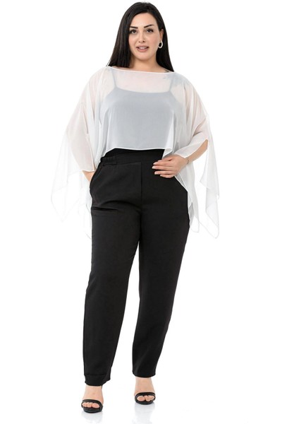 Büyük Beden Asimetrik Kesim Şifon Beyaz Pelerin Bolero