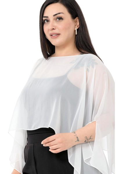 Büyük Beden Asimetrik Kesim Şifon Beyaz Pelerin Bolero fırsatları