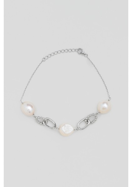 Doğal Inci Taşlı 18 Ayar 21 cm Gümüş Bileklik