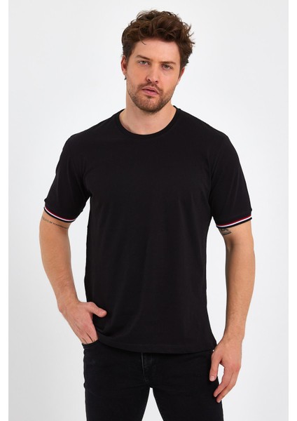 Erkek Siyah Basic Kolları Şeritli %100 Pamuk Bisiklet Yaka Regular Fit T-Shirt